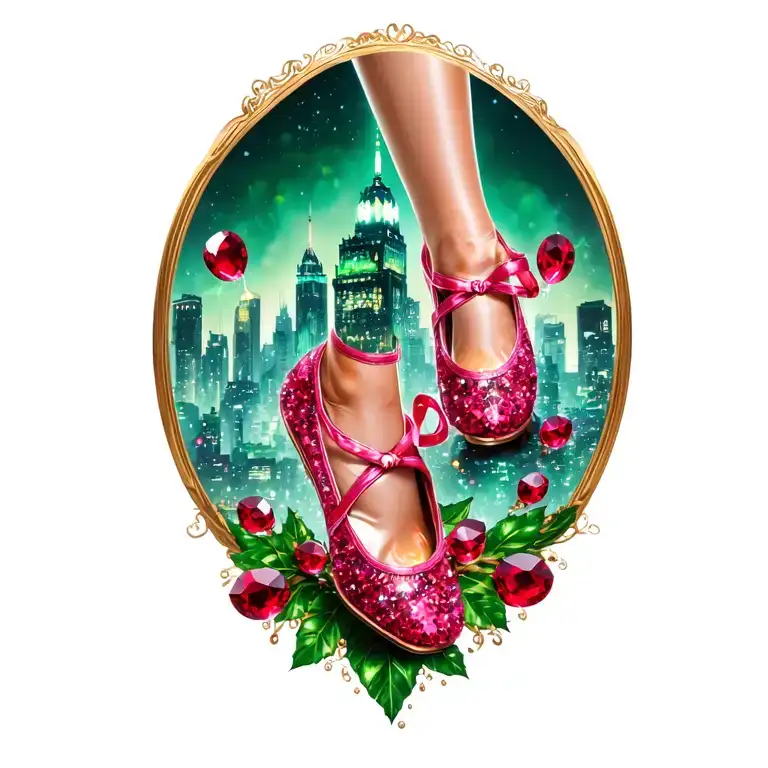 two sparkling ruby ballet slippers with emerald city in the background, no legs tattoo design idea