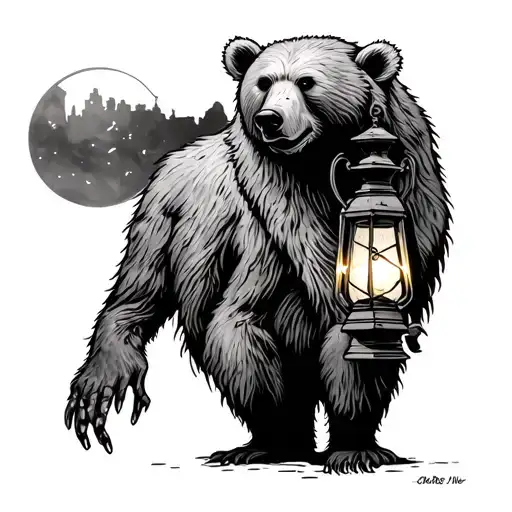 ghost, bear, fall time, old time lantern tattoo design idea