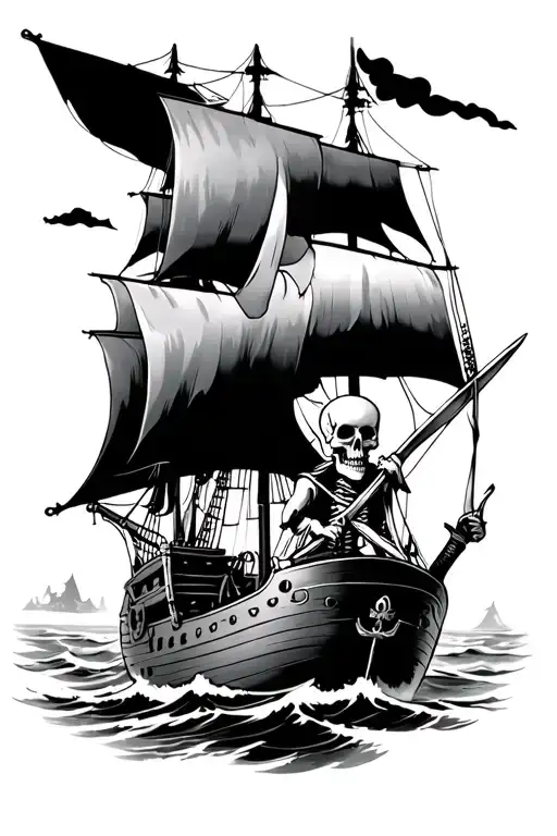 one eye skeleton pirate driving a ship while holding a sword  tattoo design idea