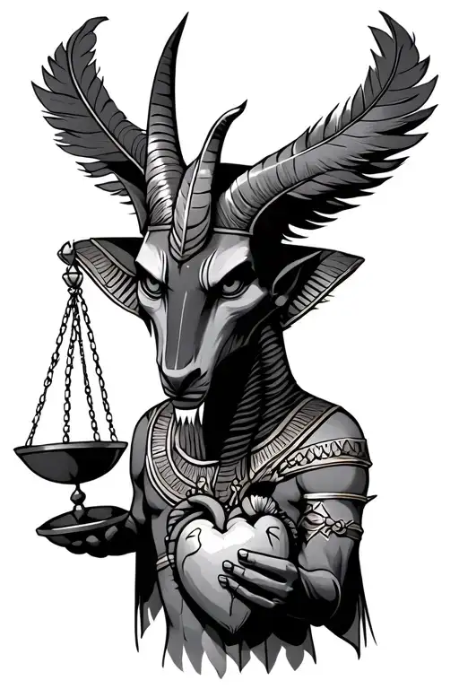 Angry Anubis holding scales , holding feather and human heart  tattoo design idea