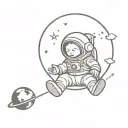 Vector drawing of a baby astronaut sitting on the moon, with an asteroid shower behind him.  tattoo design idea