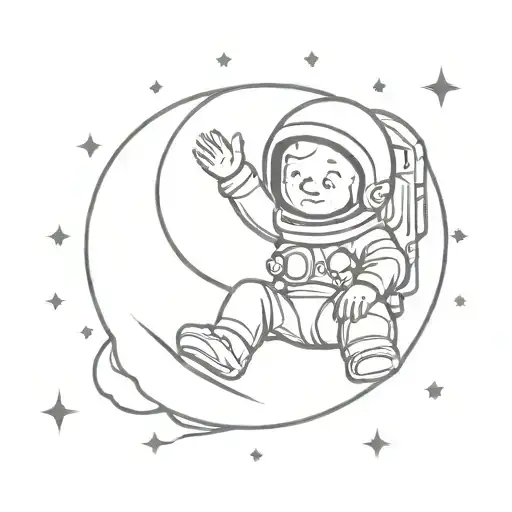Vector drawing of a baby astronaut sitting on the moon, with an asteroid shower behind him.  tattoo design idea