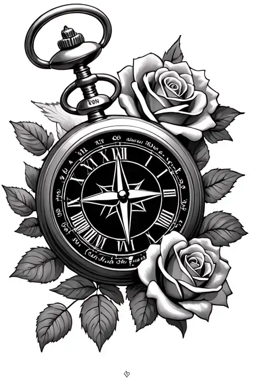 Pocket Watch, Roses, Compass, With 3 Grandchildren Birth Dates And Time Tattoo tattoo design idea