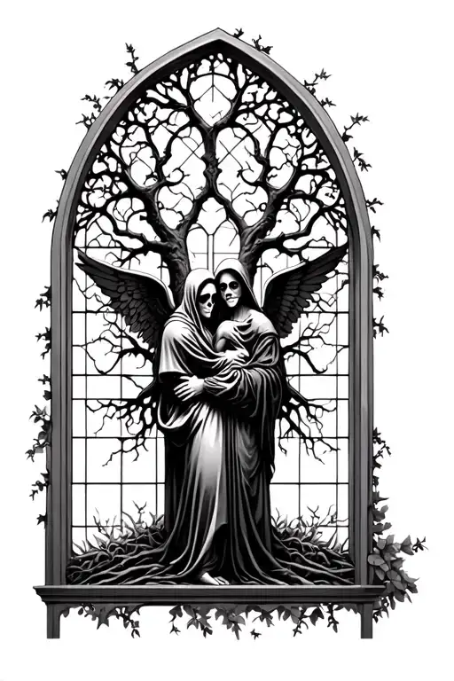 gothic cathedral window view of a family tree and vines and grim reaper embracing angel  tattoo design idea