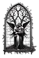 gothic cathedral window view of a family tree and vines and grim reaper embracing angel  tattoo design idea