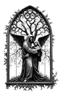 gothic cathedral window view of a family tree and vines and grim reaper embracing angel  tattoo design idea
