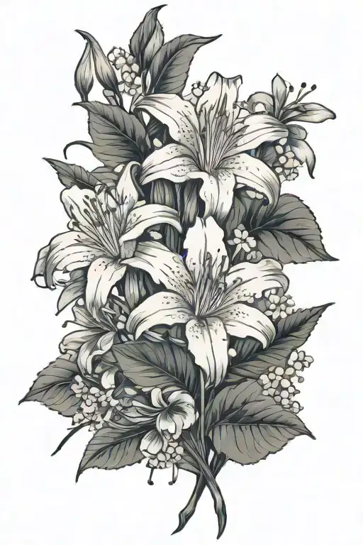 shoulder to wrist tattoo of azalea flowers, baby's breath flowers, spider lily flowers, clematis flowers, gladiolus flow tattoo design idea