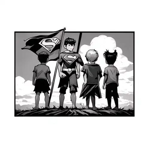 anime style tattoo of kids standing flagpole with Superman flag tattoo design idea