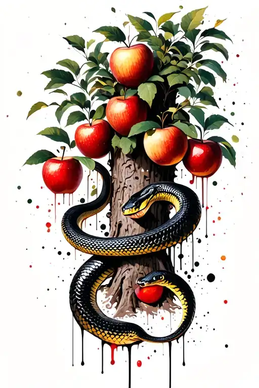 a snake is coiled around the trunk of the garden of eden tree with apples tattoo design idea