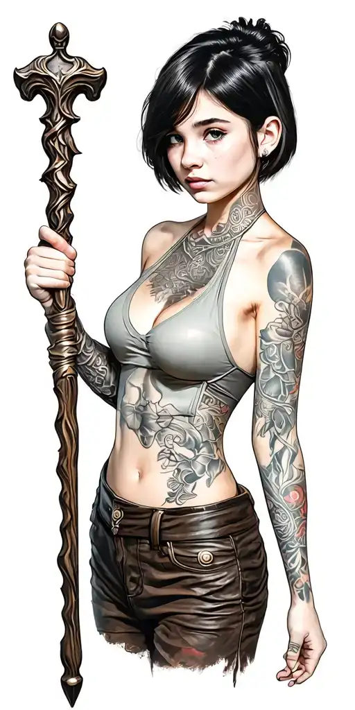 girl with short hair holding staff tattoo design idea