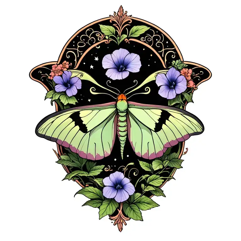 morning glory, celestial elements, Luna moth tattoo design idea