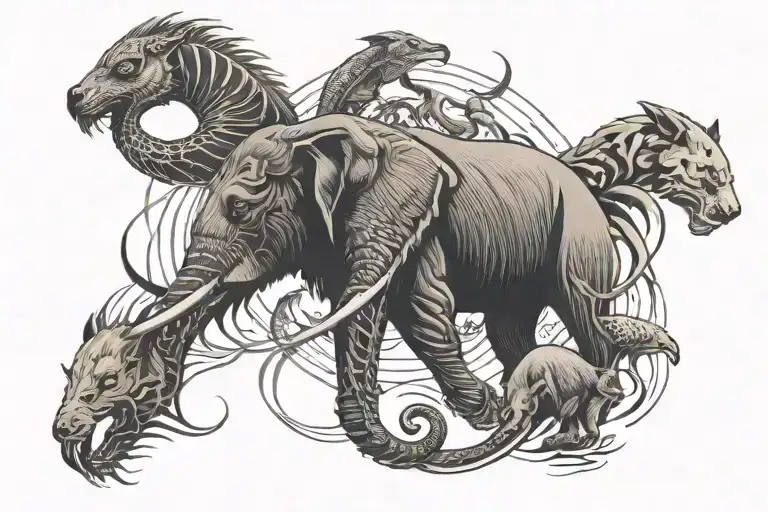 One picture with all these animals Dolphin, elephant, scorpion, buffalo, bear, lion, wolf, orca Eagle butterfly, raven tattoo design idea