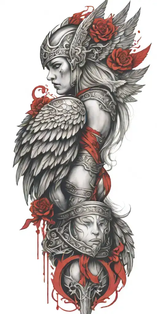 Craft a tattoo design of a Valkyrie with blood red wings, embodying the client's passion for both Viking mythology and vampire aesthetics tattoo design idea