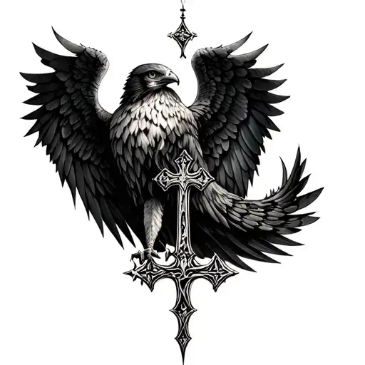 angel wings similar to hawk with cross tattoo design idea
