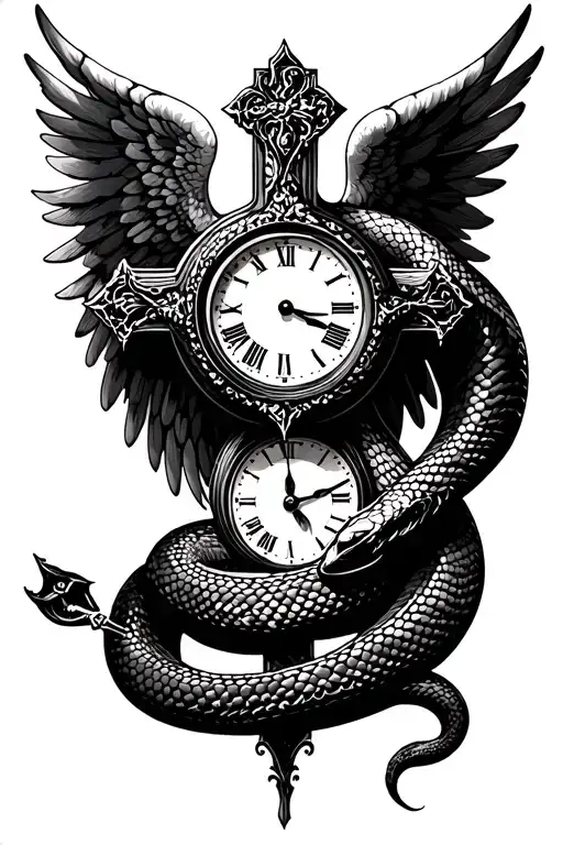 cross with angel wings and clock wrapped by a snake tattoo design idea