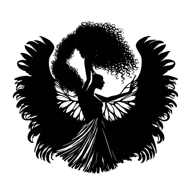 Victorian, whimsy, goth, African American, curly haired, fairy goddess, six wings, reaching up toward the Sun tattoo design idea