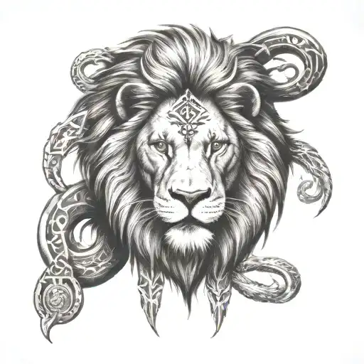 Lion and Viking runes engraved tattoo design idea