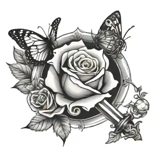 rose, butterfly, sword, dice rolling tattoo design idea