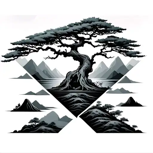 bonsai tree with mountains with sunset in a diamond shape tattoo design idea