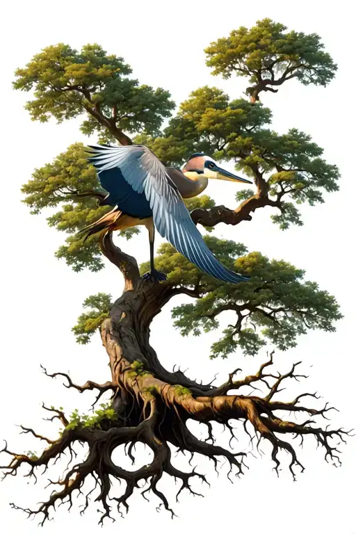 oak tree with long roots and blue heron flying tattoo design idea