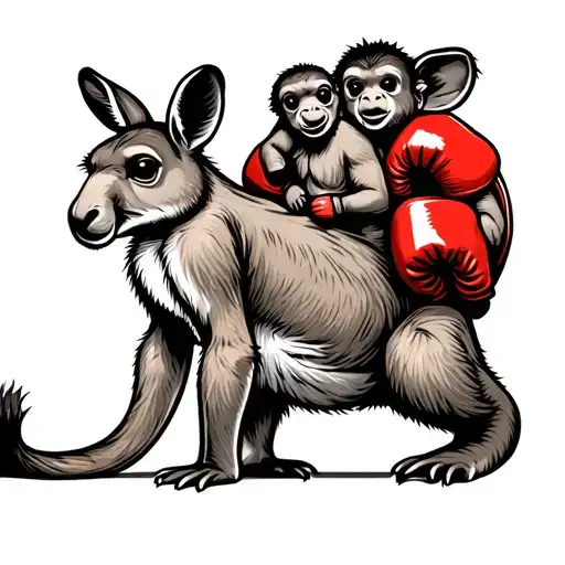 boxing dad kangaroo with baby in pouch. baby monkey with boxing gloves on dads back also they represent the fathers sons tattoo design idea