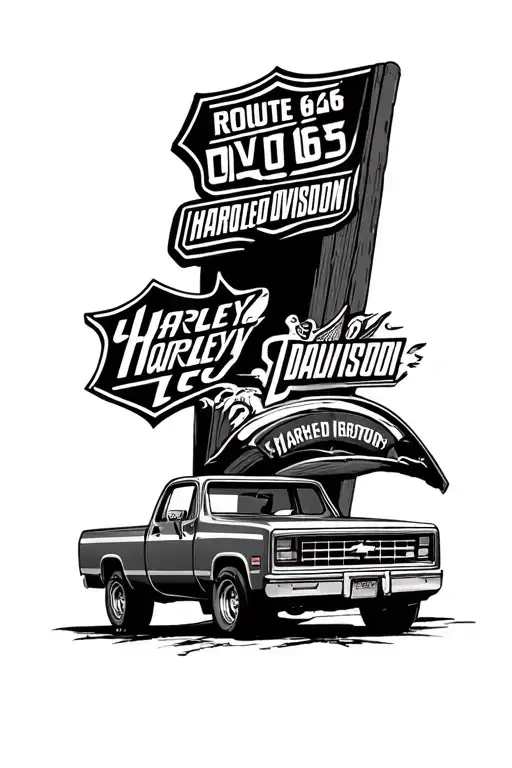 Harley Davidson, Route 66, 1980 Chevy ram tattoo design idea