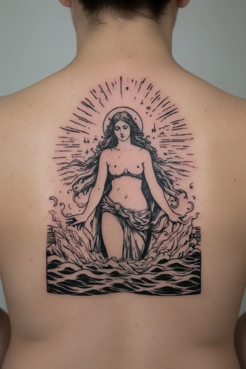 aphrodite goddess being born from the foam of the sea, medieval engraving style tattoo design idea