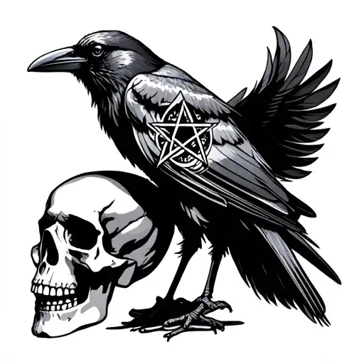 crow with pentagram in it's chest feathers while perching on a skull tattoo design idea