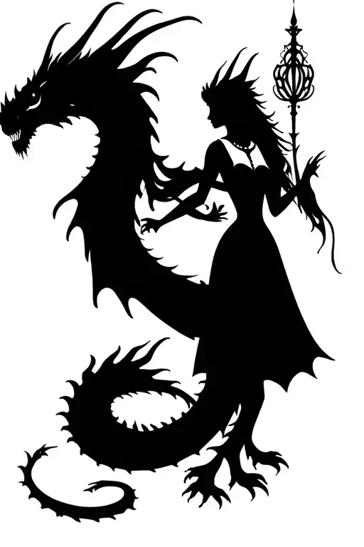 Dark dragon tattoo with shadowed scales protecting a princess with detailed dress, realistic style black tattoo design idea