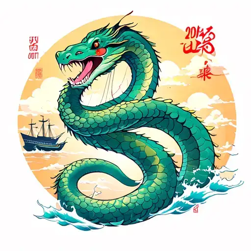 Year 2001 and year of the snake and ship sailing towards tattoo design idea