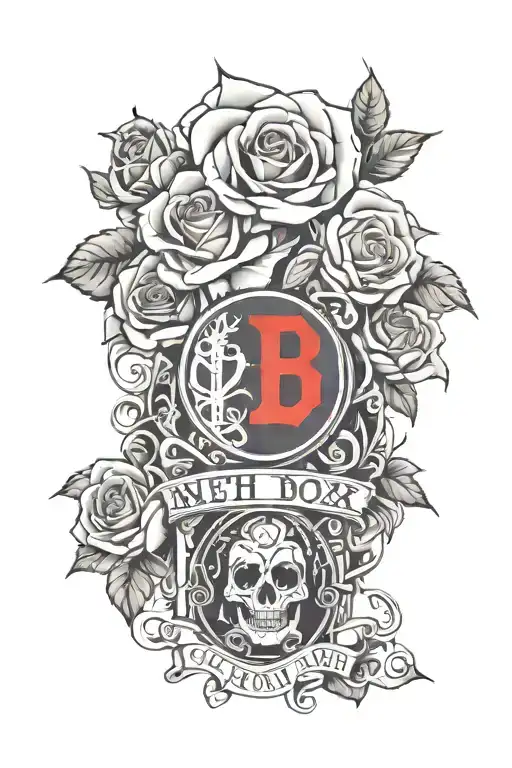 roses  with Red Sox logo and Notre dame logo with death dates  tattoo design idea