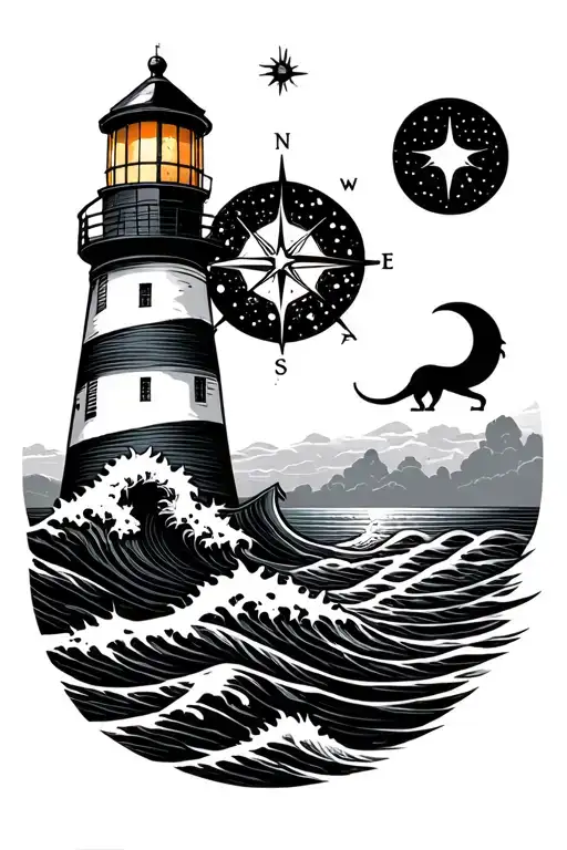 Lighthouse with a wave, compass. a moon with the virgin constellation and a sun with the lion constellation tattoo design idea