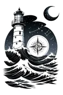 Lighthouse with a wave, compass. a moon with the virgin constellation and a sun with the lion constellation tattoo design idea