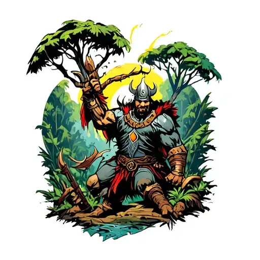 A dark psychology inspired tattoo of a viking warrior battling his inner demons in a jungle setting, with anime-style elements incorporated tattoo design idea