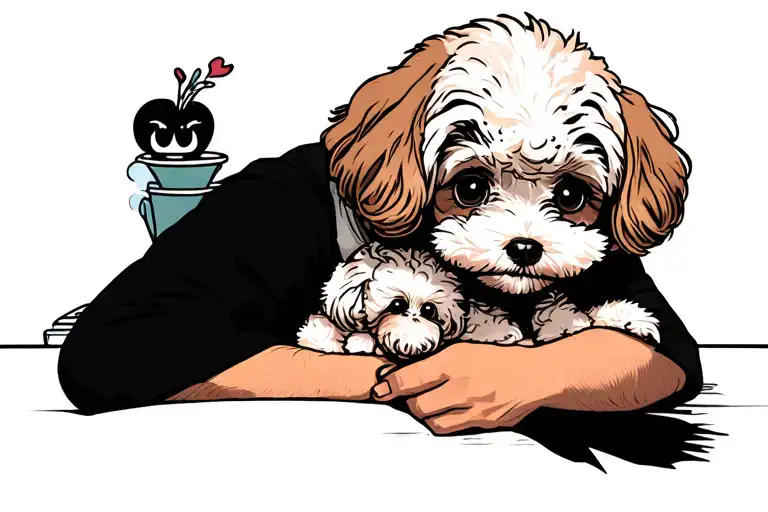 man hugs toy poodle tattoo design idea