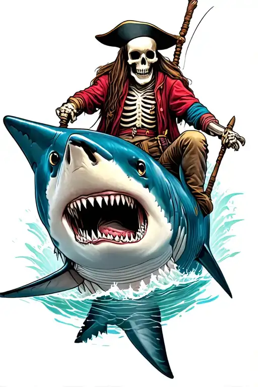 skeleton pirate riding a shark  tattoo design idea