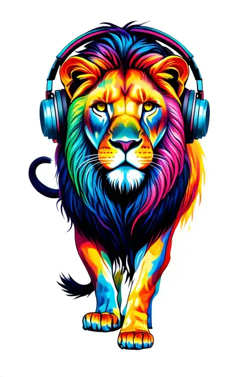 colourful lion wearing headphones tattoo design idea