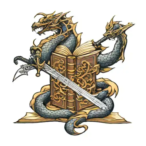 open book with a sword and dragon wrapped tattoo design idea