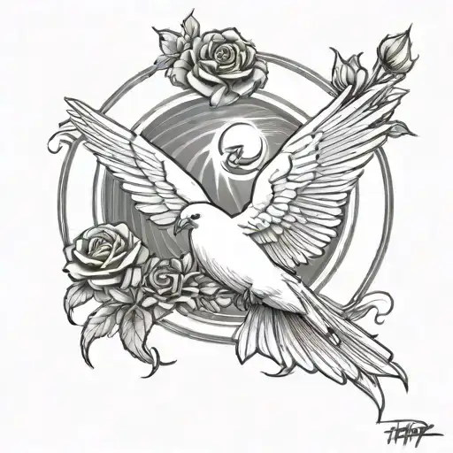 Print Papa 10-23-24 with a dove surrounded by roses flying up the sun tattoo design idea