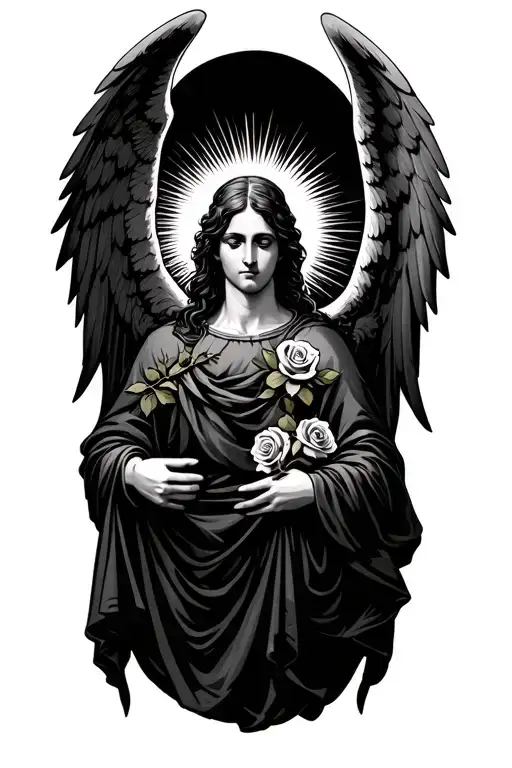 Archangel Barachiel holding a cloth with roses. behind the head stretch the rays of the sun that rises tattoo design idea