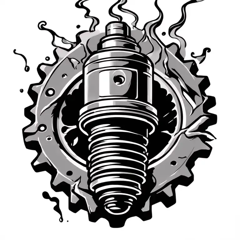motocross theme sleeve with a evil spark plug, an evil piston, a edgey sprocket with smoke coming up through all of it tattoo design idea