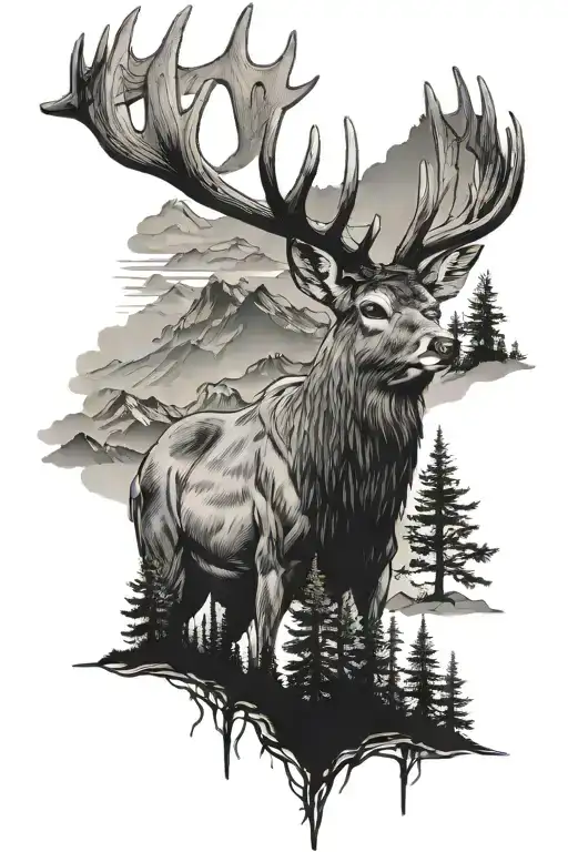 mule deer with trees and mountains behind it  tattoo design idea