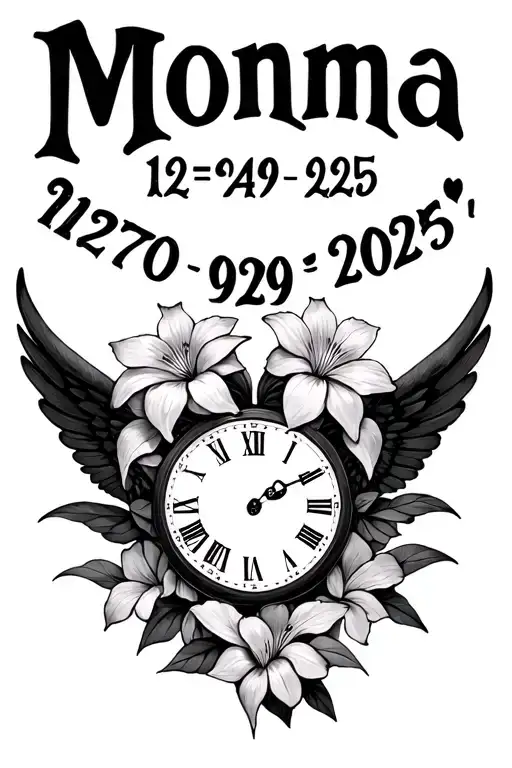 "Momma 12•24•1970 9•29•2025" "Momma 12•24•1970 9•29•2025" iris flower wings broken heart and a clock face tattoo design idea