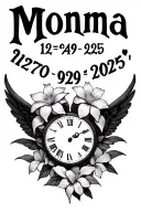 "Momma 12•24•1970 9•29•2025" "Momma 12•24•1970 9•29•2025" iris flower wings broken heart and a clock face tattoo design idea