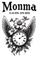 "Momma 12•24•1970 9•29•2025" "Momma 12•24•1970 9•29•2025" iris flower wings broken heart and a clock face tattoo design idea