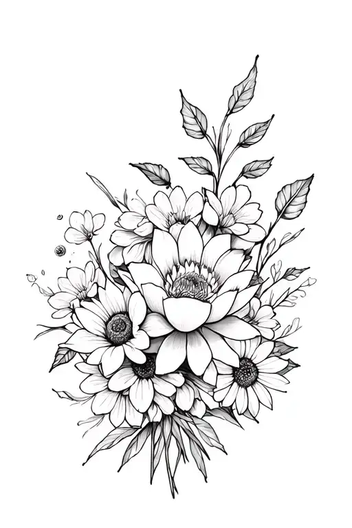 black and white flower bouquet tattoo with these flowers a lotus, cherry blossom, wild flowers, chrysanthemum and  tattoo design idea