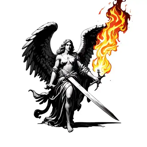 angel with a sword in one hand and fire in the other, full height tattoo design idea