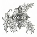 cross with word sonder written minimalist tattoo design tattoo design idea