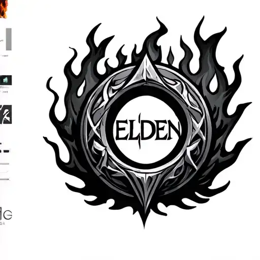 the elden ring logo surrounded by fire flames tattoo design idea