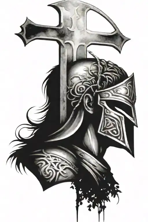 Christian cross right side fading into a spartan warrior left side with the tree of life behind the cross tattoo design idea